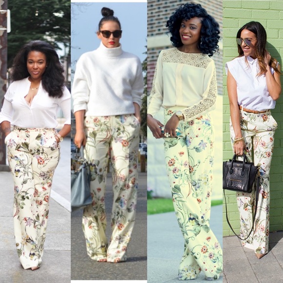 ZARA womenβs pale yellow floral trousers wide-leg L